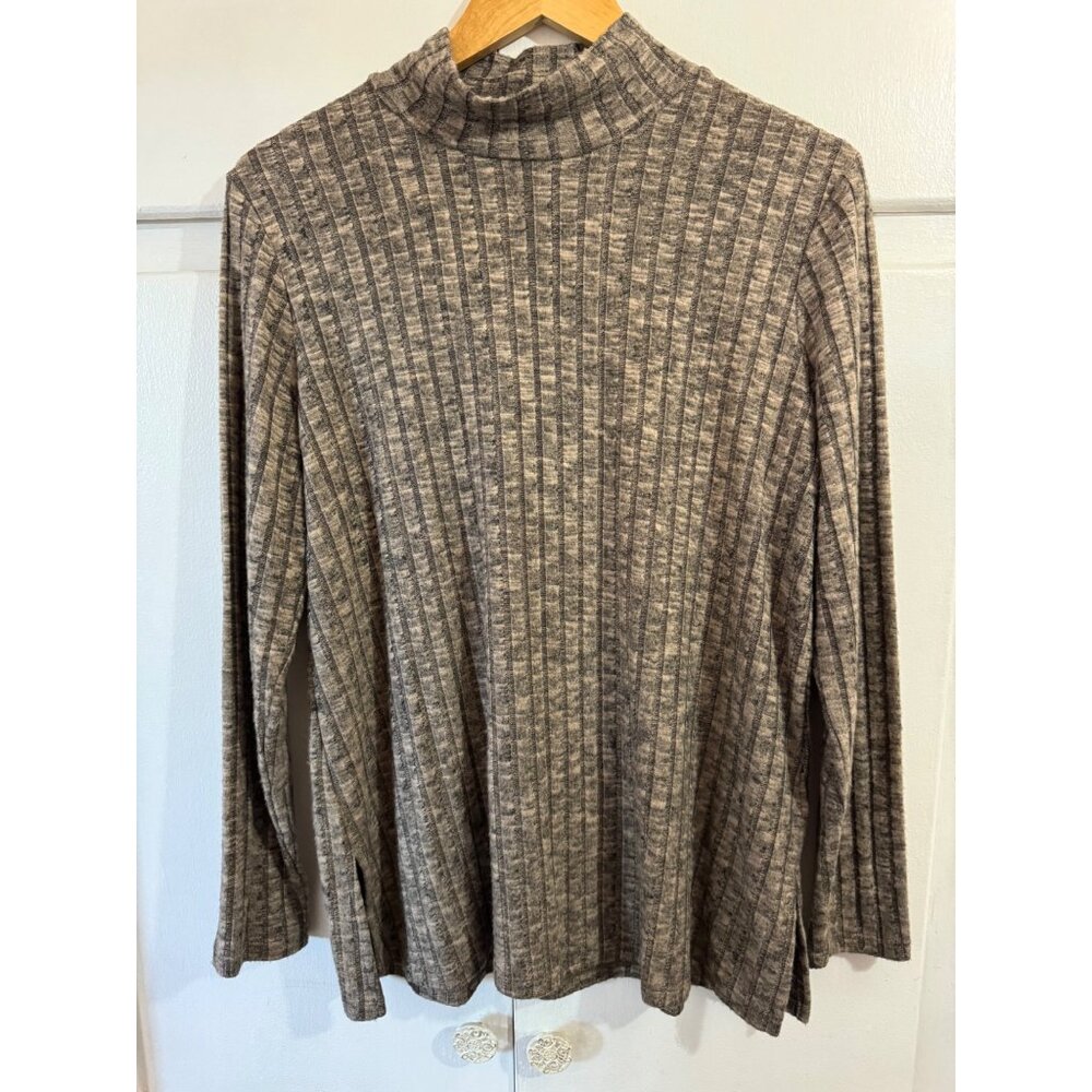 Susan Graver Mock Neck Long Sleeve Ribbed Sweater, Size Medium, Brown/Black
